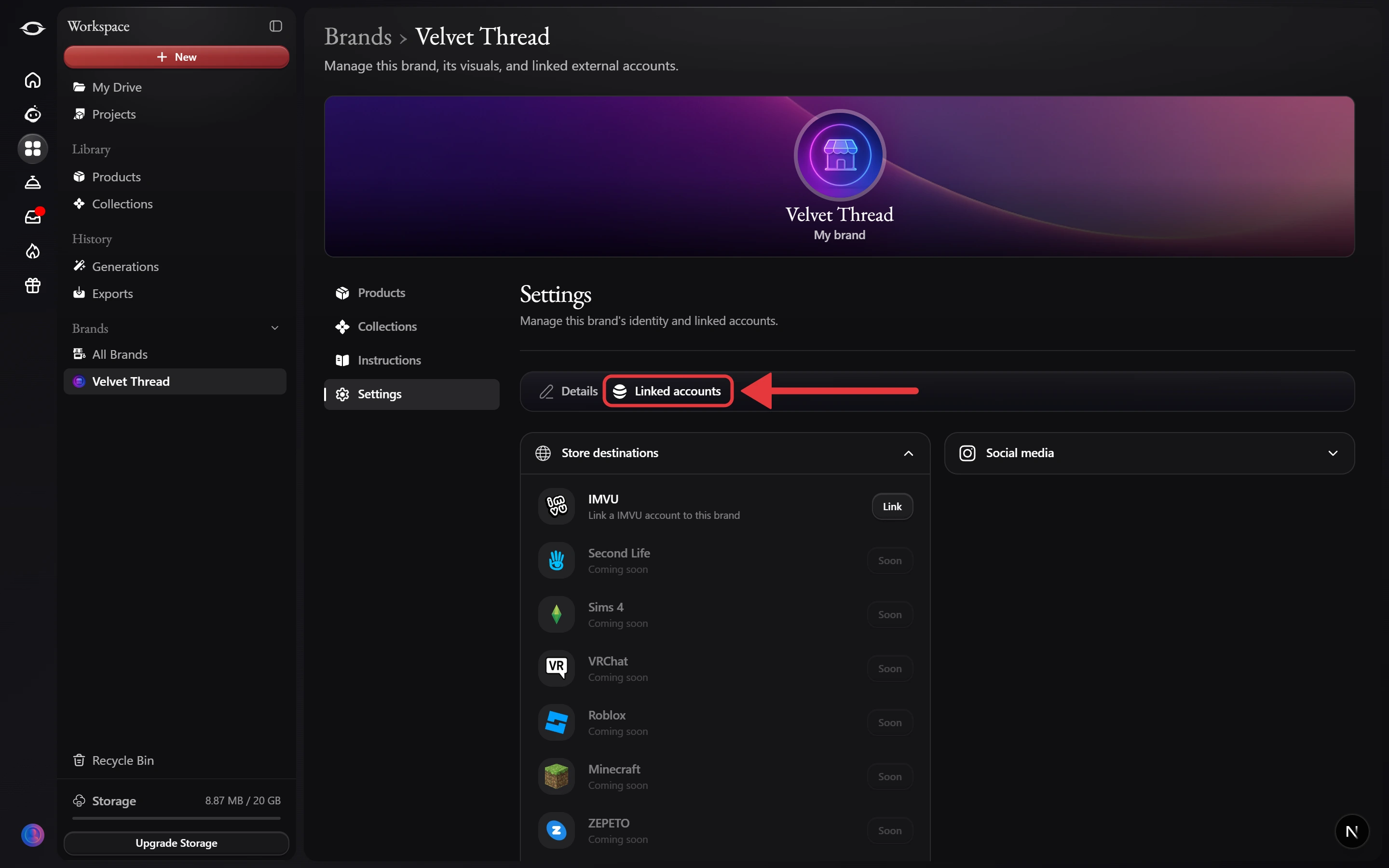 A brand's Linked accounts section: store destinations with a Link button for IMVU and other platforms marked Coming soon, next to Social media. The Linked accounts tab is outlined in red with a red arrow pointing at it.