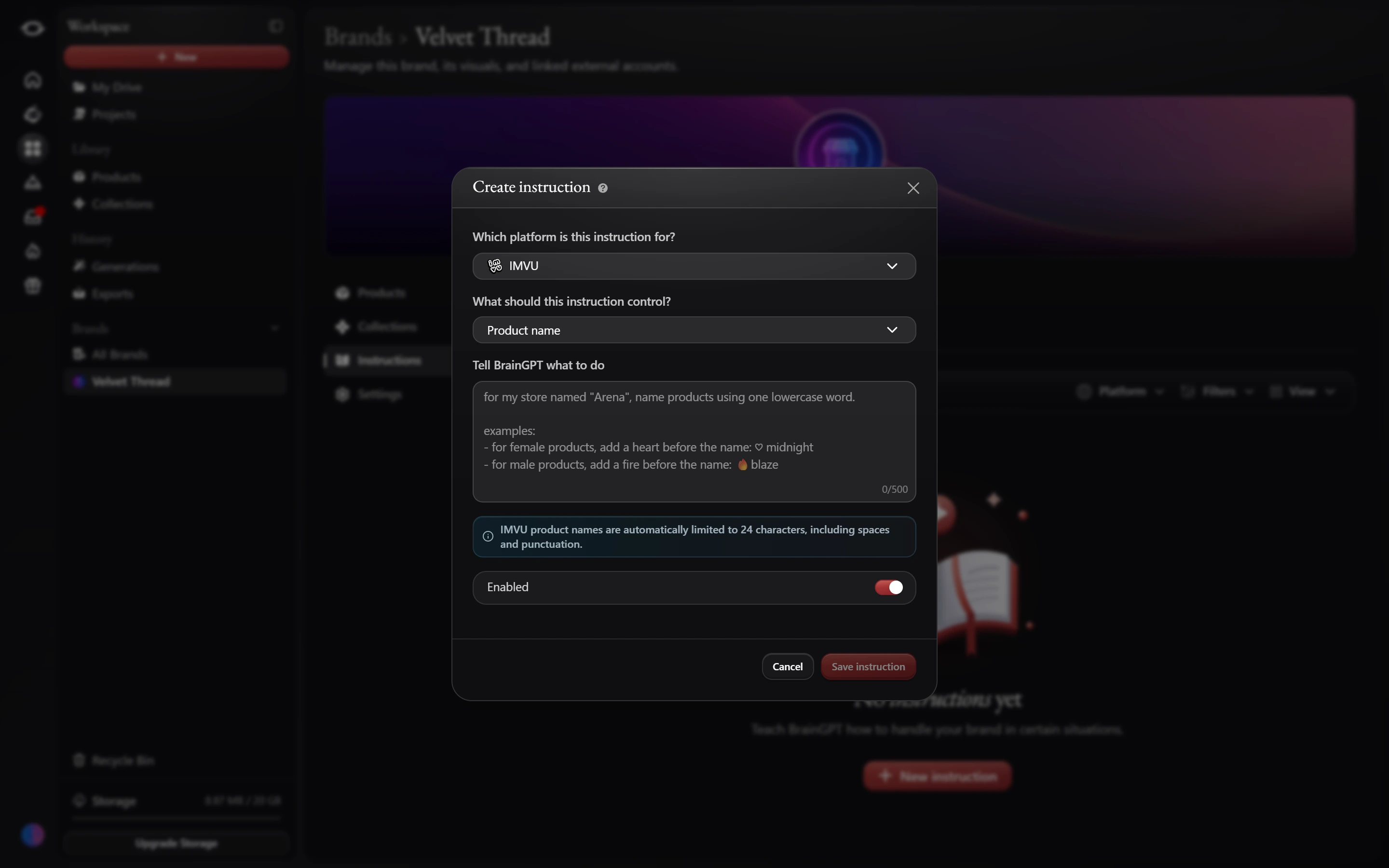 Creating a brand instruction: the platform (IMVU), what it controls (Product name), a box to tell BrainGPT what to do, and an Enabled switch.