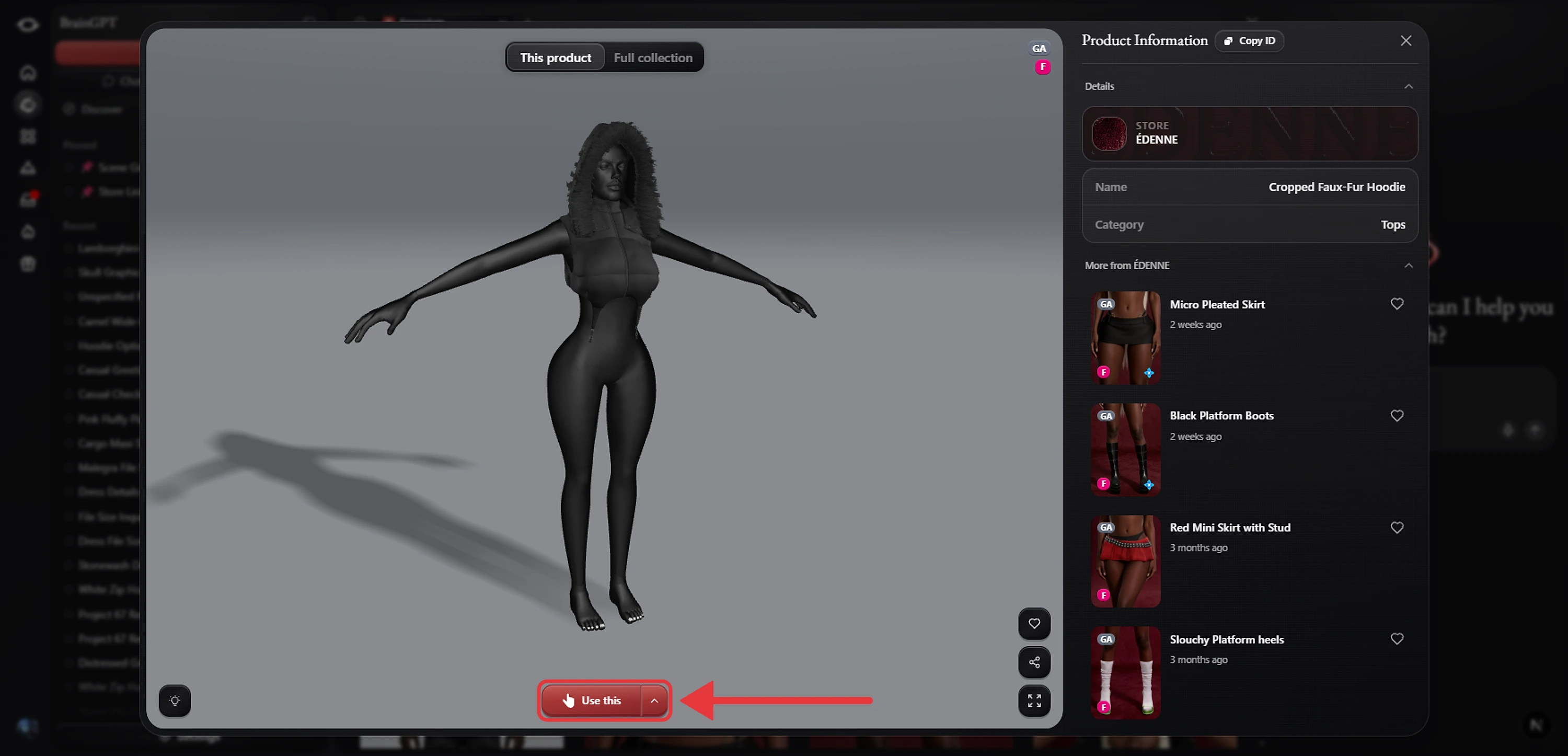 The Preview of an Emporium faux-fur hoodie worn on the avatar, with This product and Full collection tabs, its store, name and category, more from the same store, and a Use this button under the scene, outlined in red with a red arrow pointing at it.