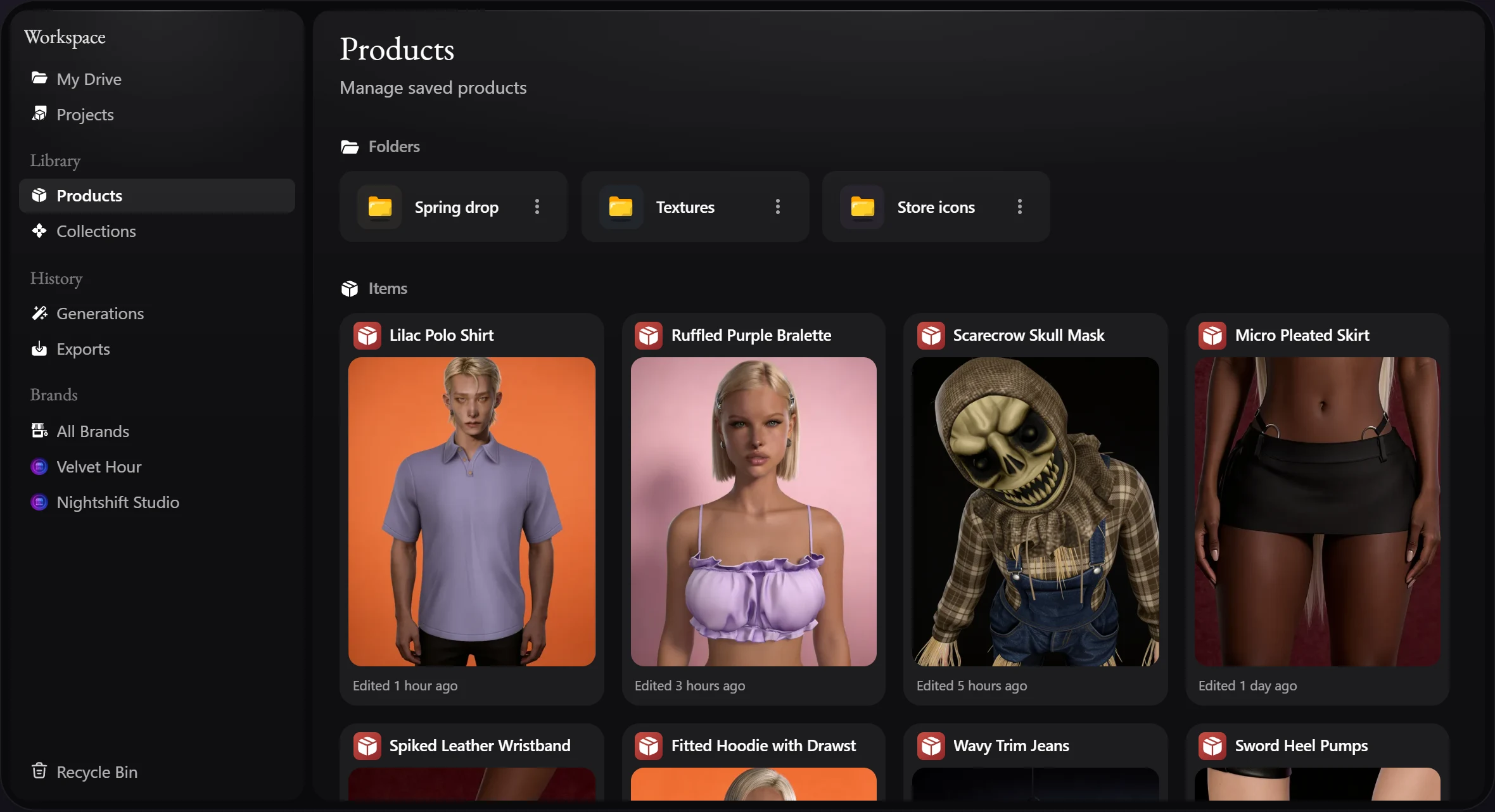 Workspace on its Products page: the sidebar with My Drive, Projects, Products, Collections, Generations, Exports and two brands, then folders and product cards.