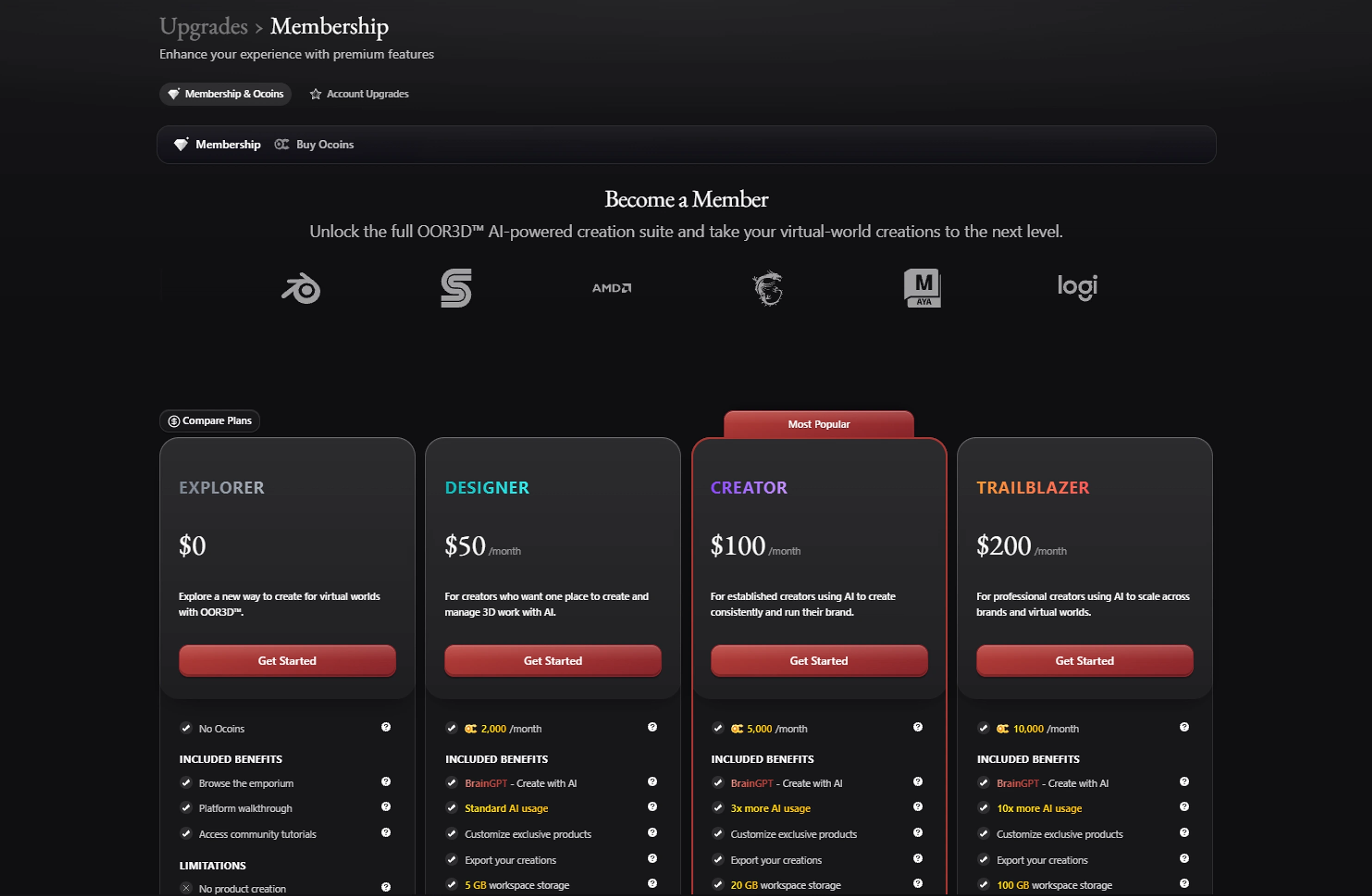 The Membership page with the Explorer, Designer, Creator and Trailblazer plans and what each one includes.
