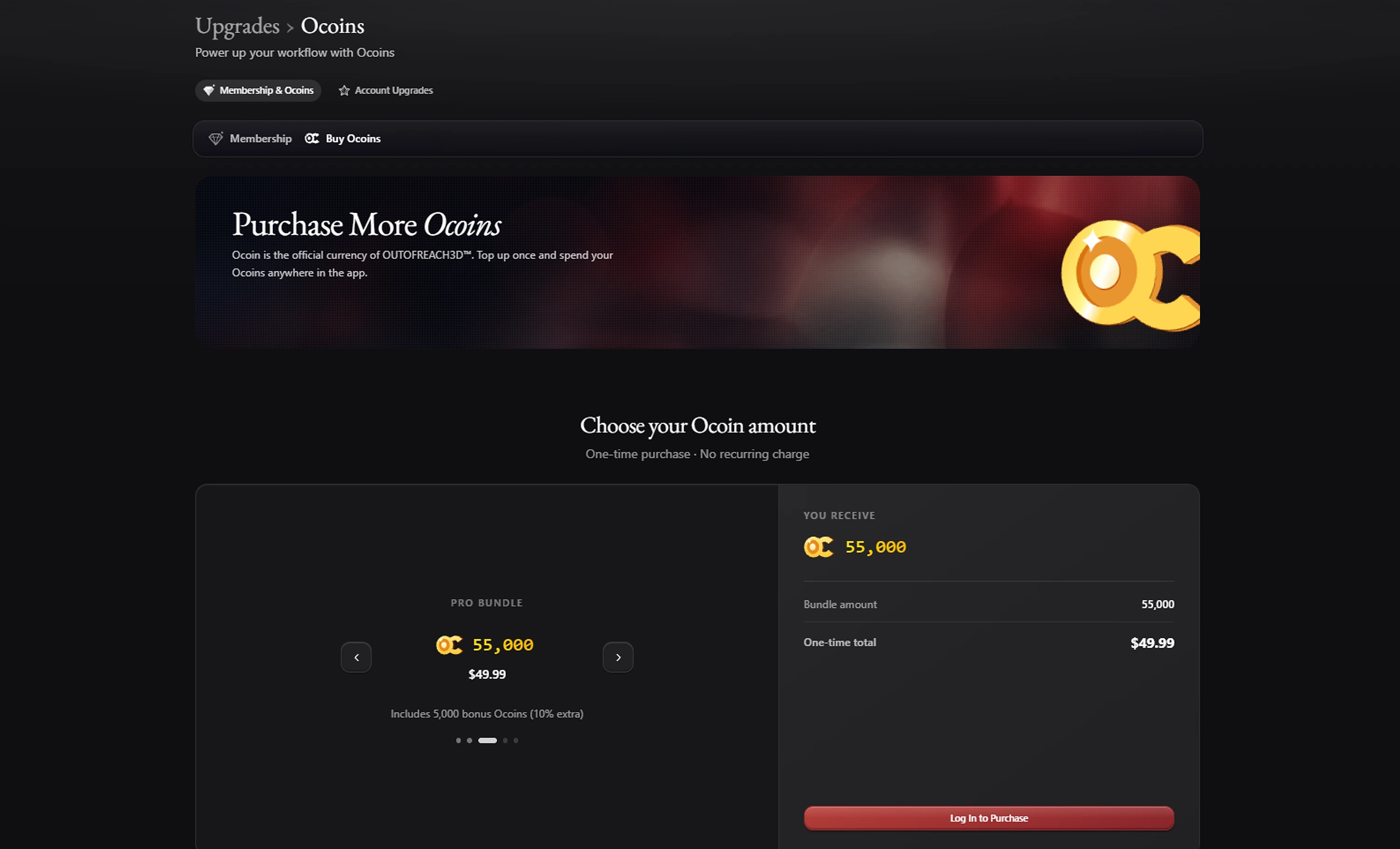 The Buy Ocoins page: pick an Ocoin bundle and see what you receive before buying.
