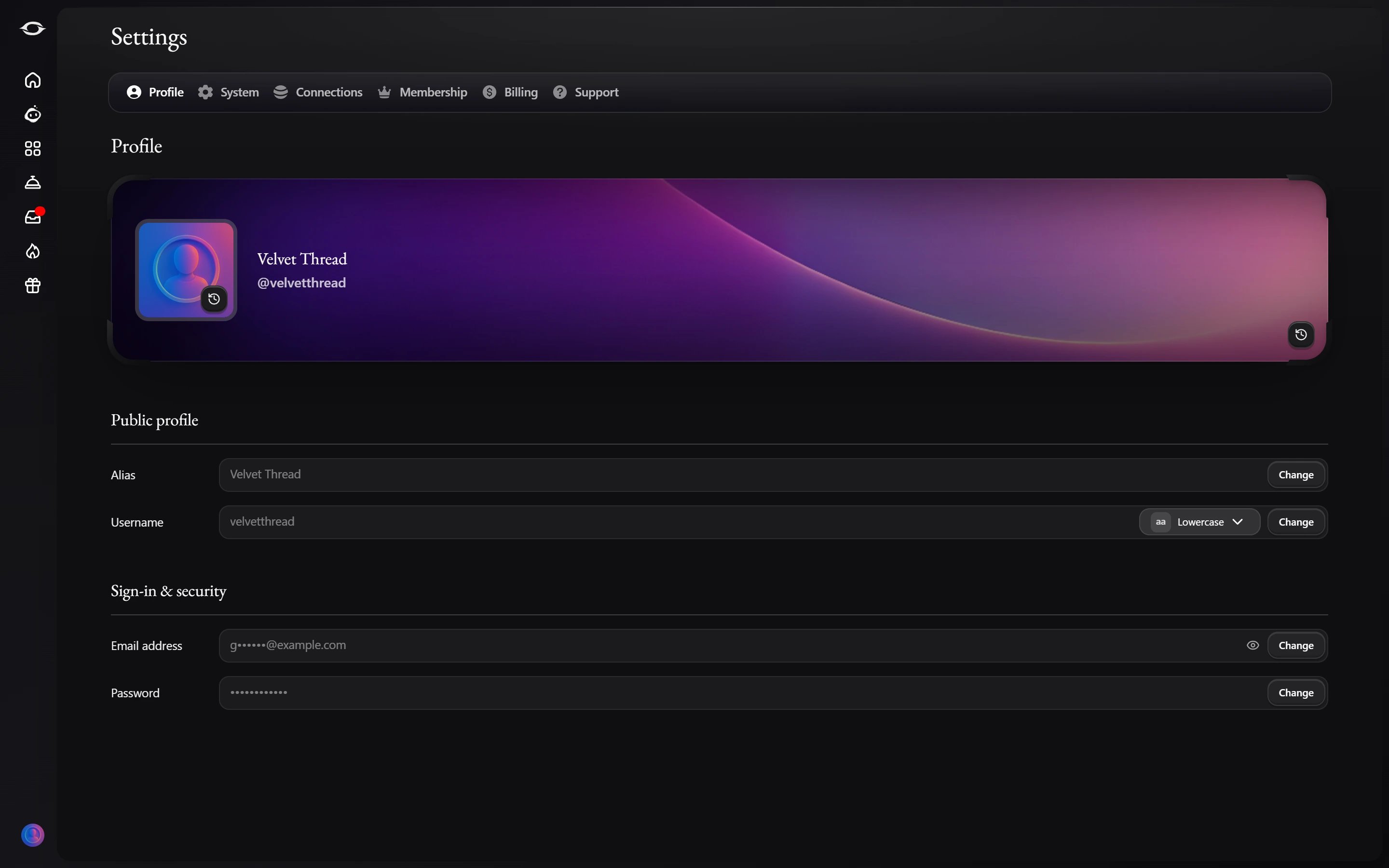 Settings on the Profile tab, with tabs for System, Connections, Membership, Billing and Support, and the alias, username, email address and password fields.