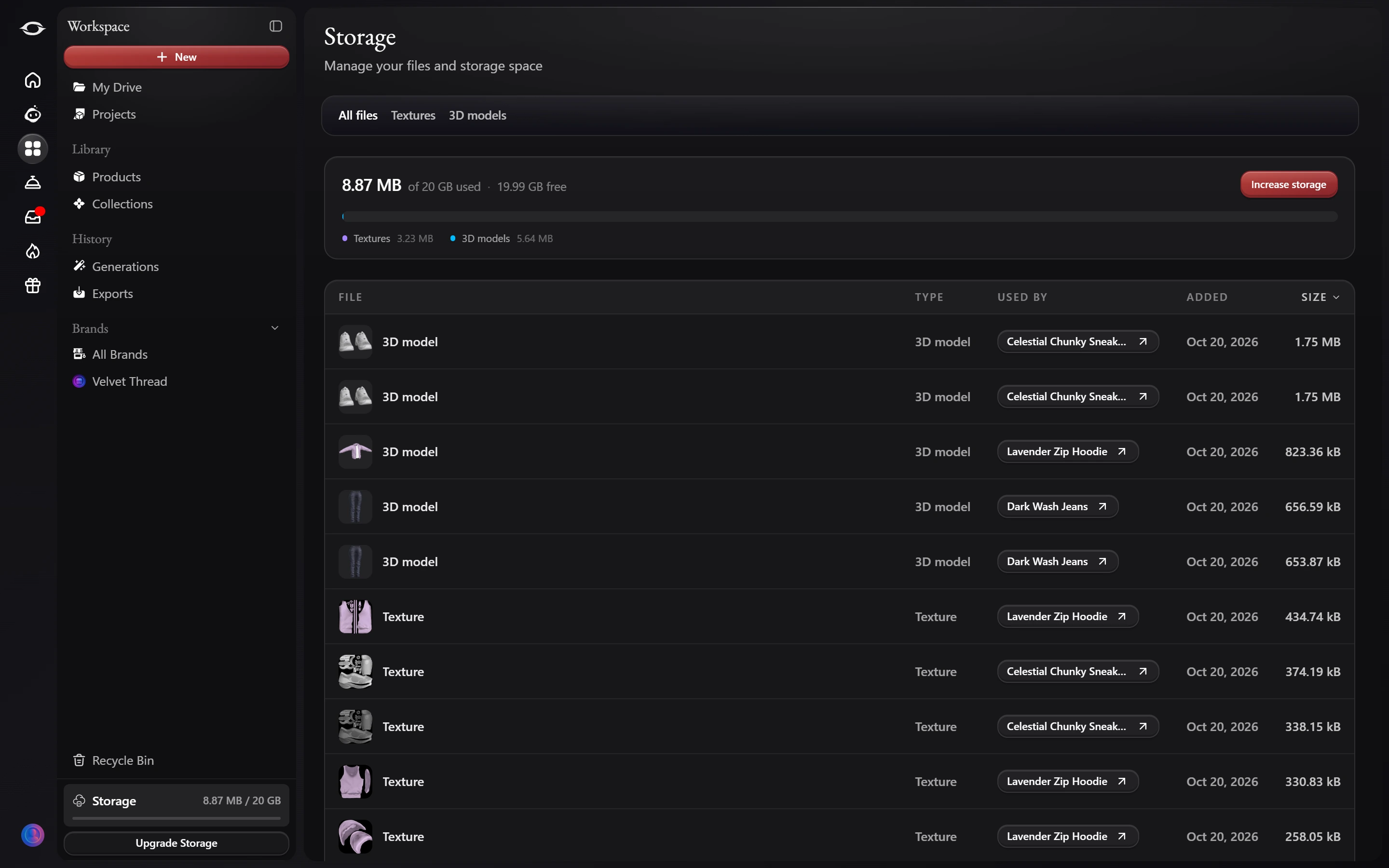 The Storage page: storage used out of the allowance, split into textures and 3D models, above a list of files with their type, the product using them, the date added and their size.