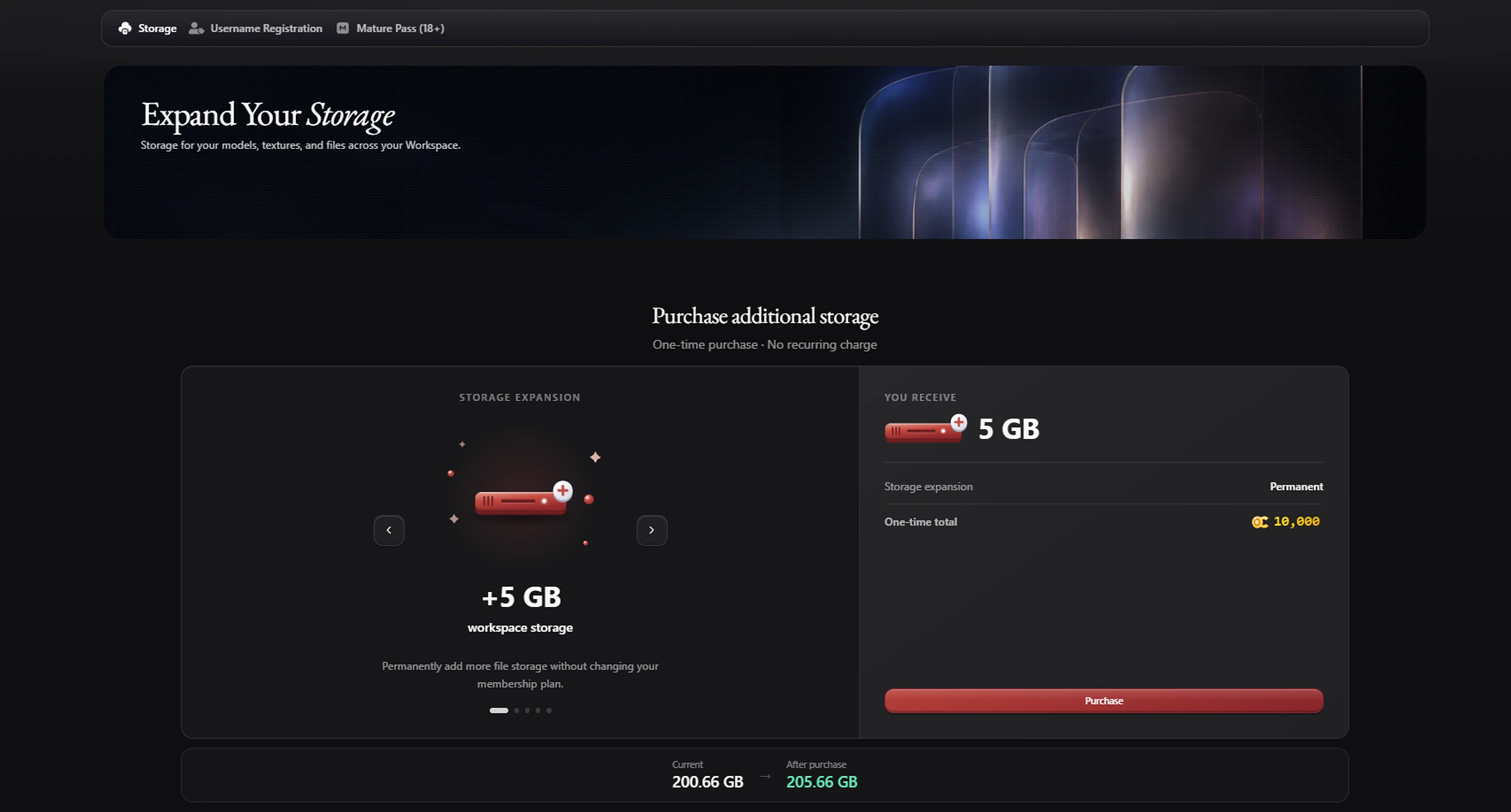 The Upgrade Storage page: browse the storage sizes, see what you receive and its one-time Ocoin price, and check your storage now and after the purchase before you buy.
