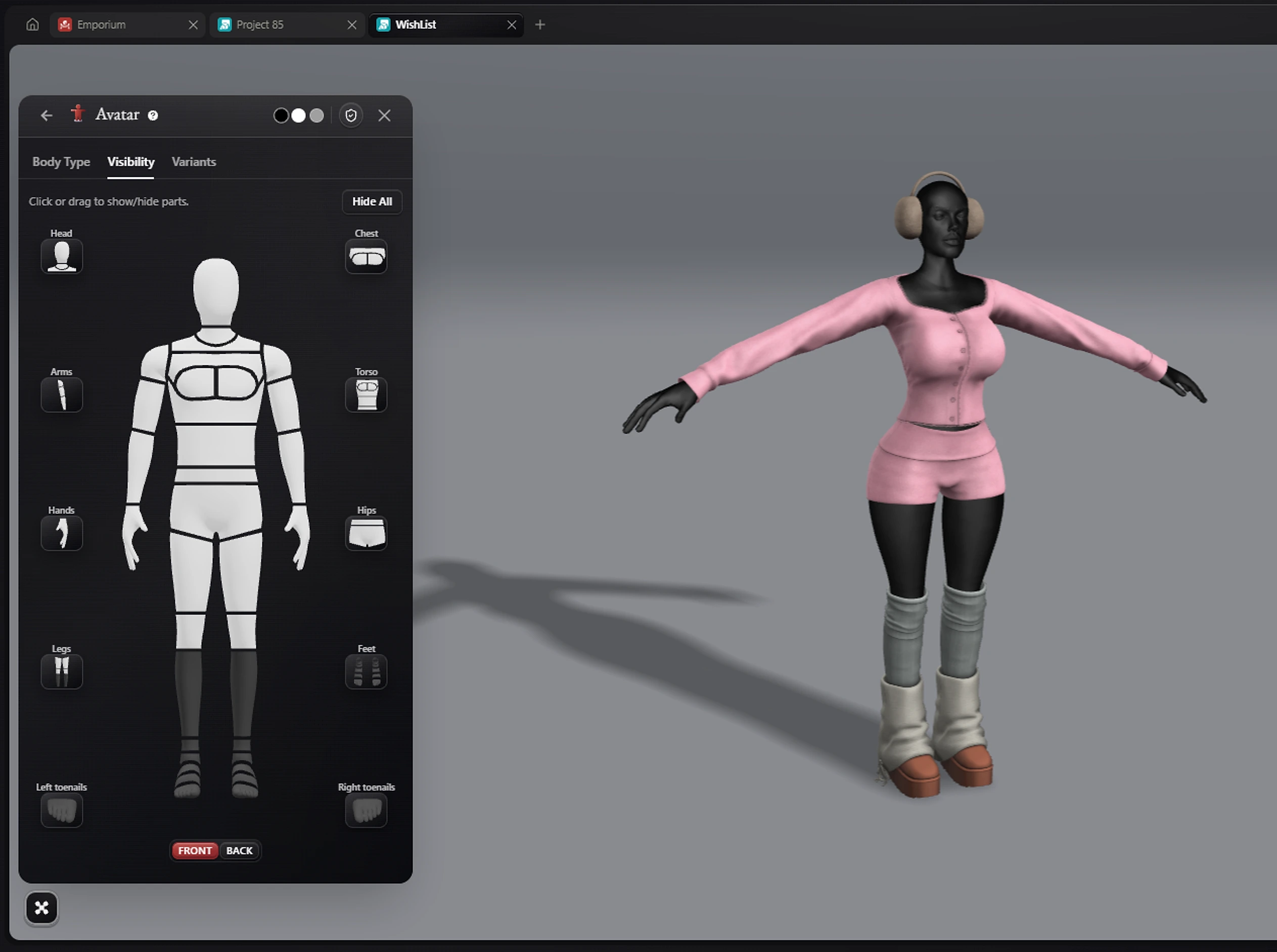 The Avatar tool on its Visibility tab: a body diagram with buttons to show or hide each part, from the head and chest to the feet and toenails, next to an avatar wearing an outfit.