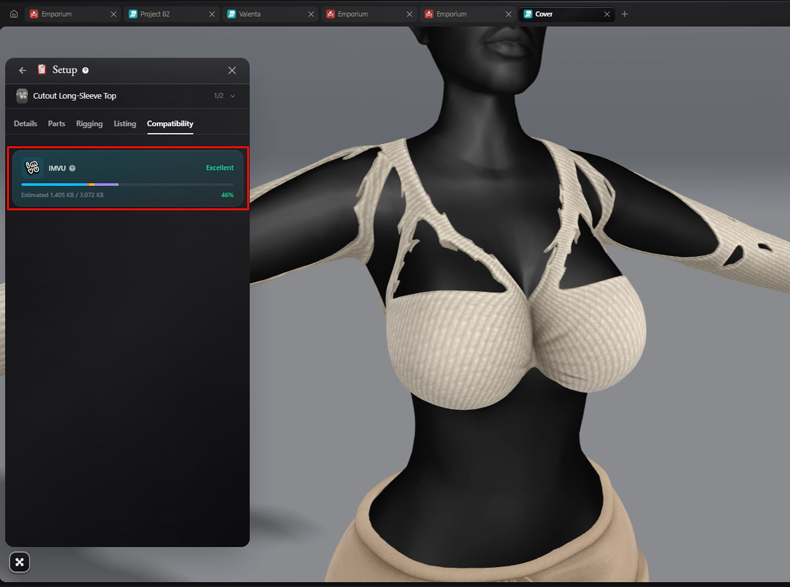 Setup on its Compatibility tab for a cutout long-sleeve top: the IMVU card rates it Excellent, with an estimated 1,405 KB of IMVU's 3,072 KB limit (46%).