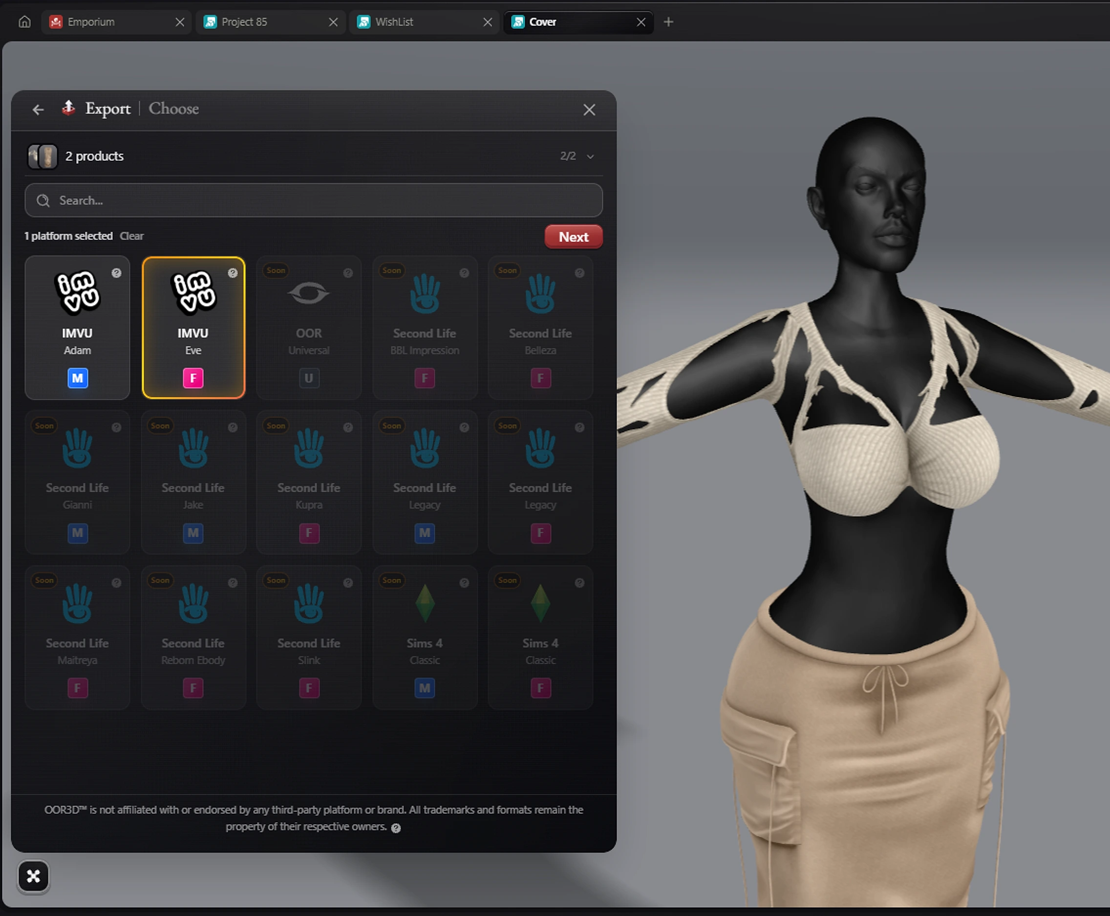 The Export tool with 2 products picked and IMVU Eve selected; IMVU Adam is also available and other platforms are marked Soon.