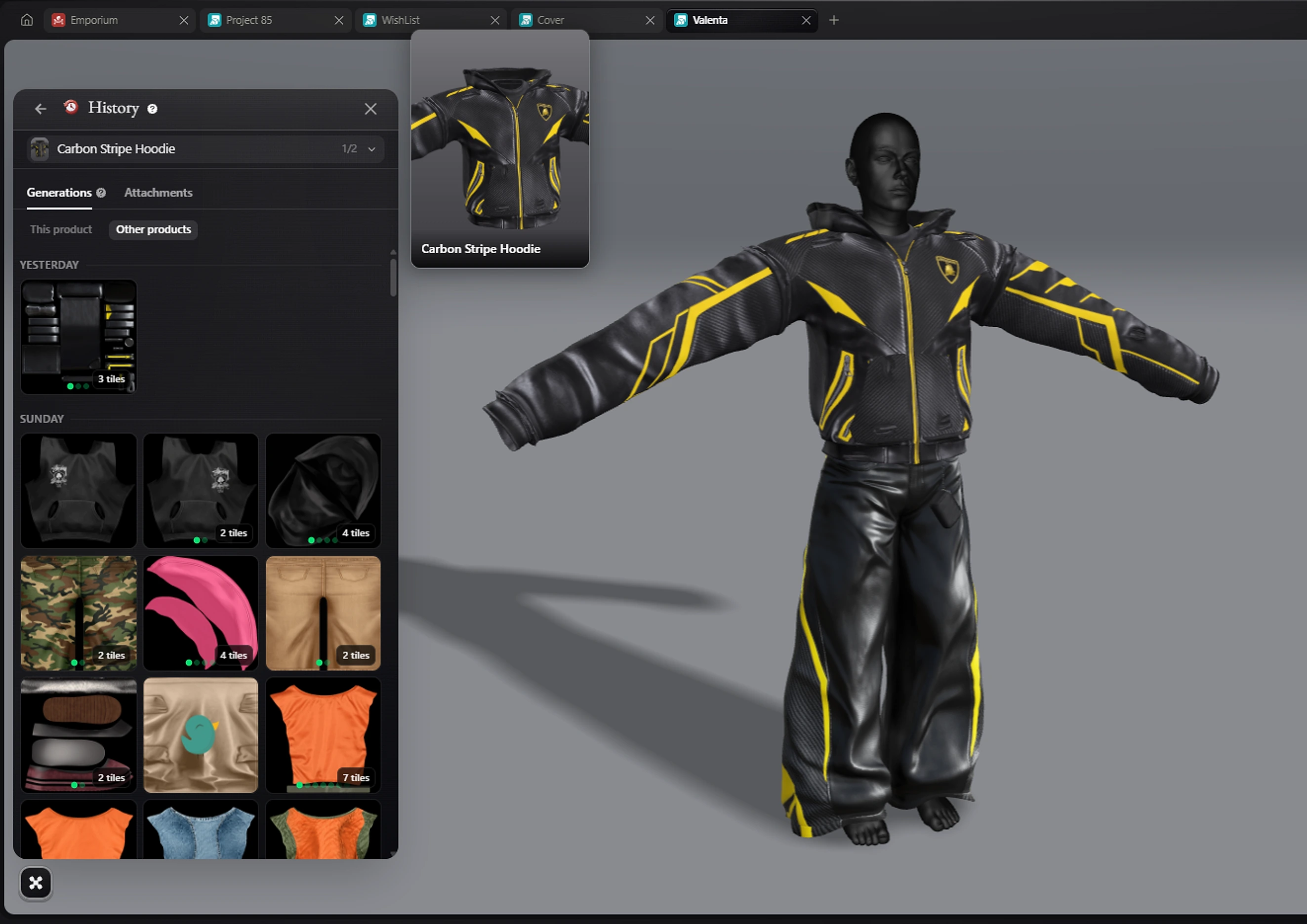 The History tool on Generations and Other products, next to an avatar wearing the picked hoodie: textures BrainGPT generated, grouped by day, each with its number of tiles.