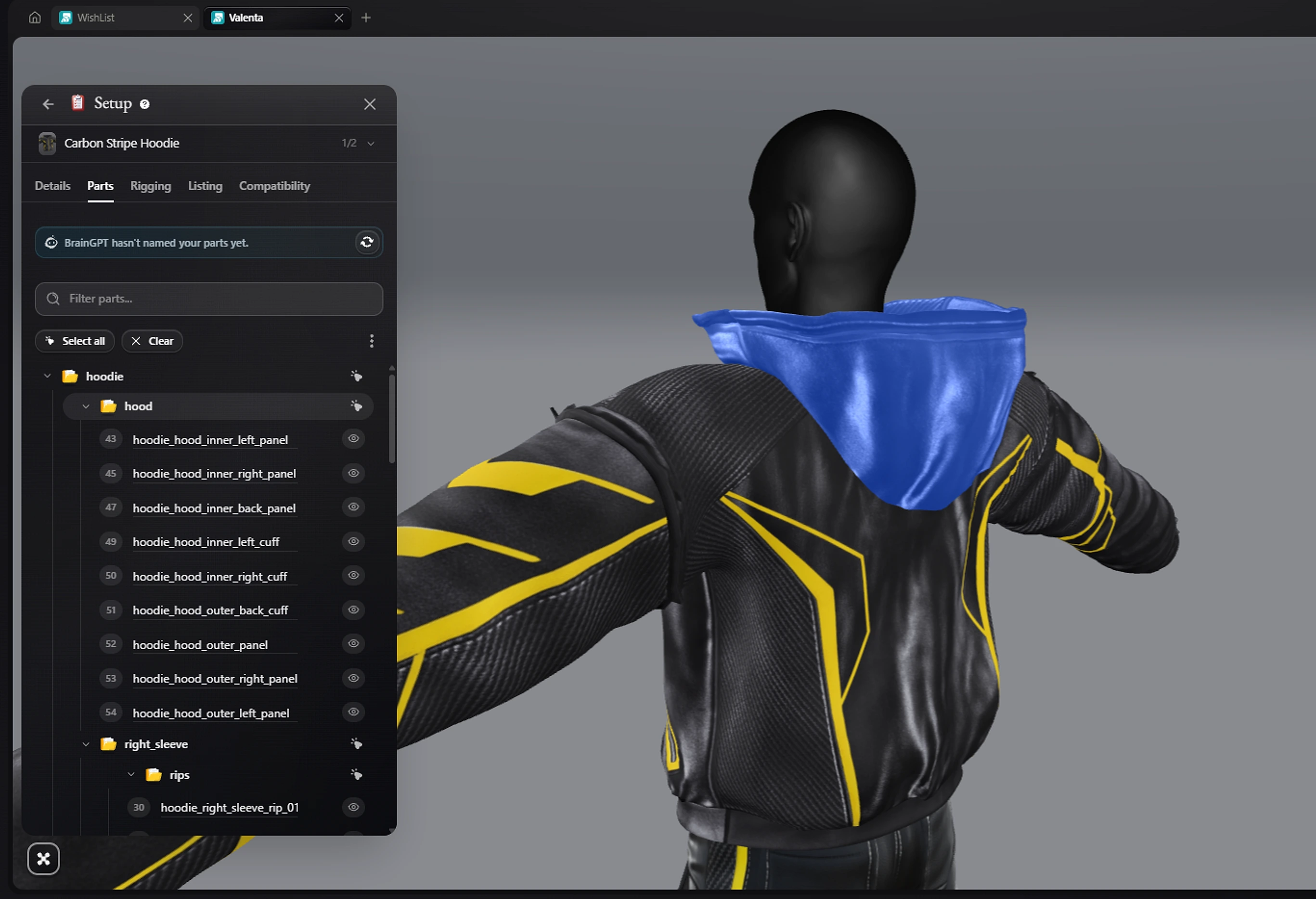Setup on its Parts tab for a hoodie: parts with names like hoodie_hood_outer_panel, sorted into folders such as hood and right_sleeve, and the hood highlighted on the model.