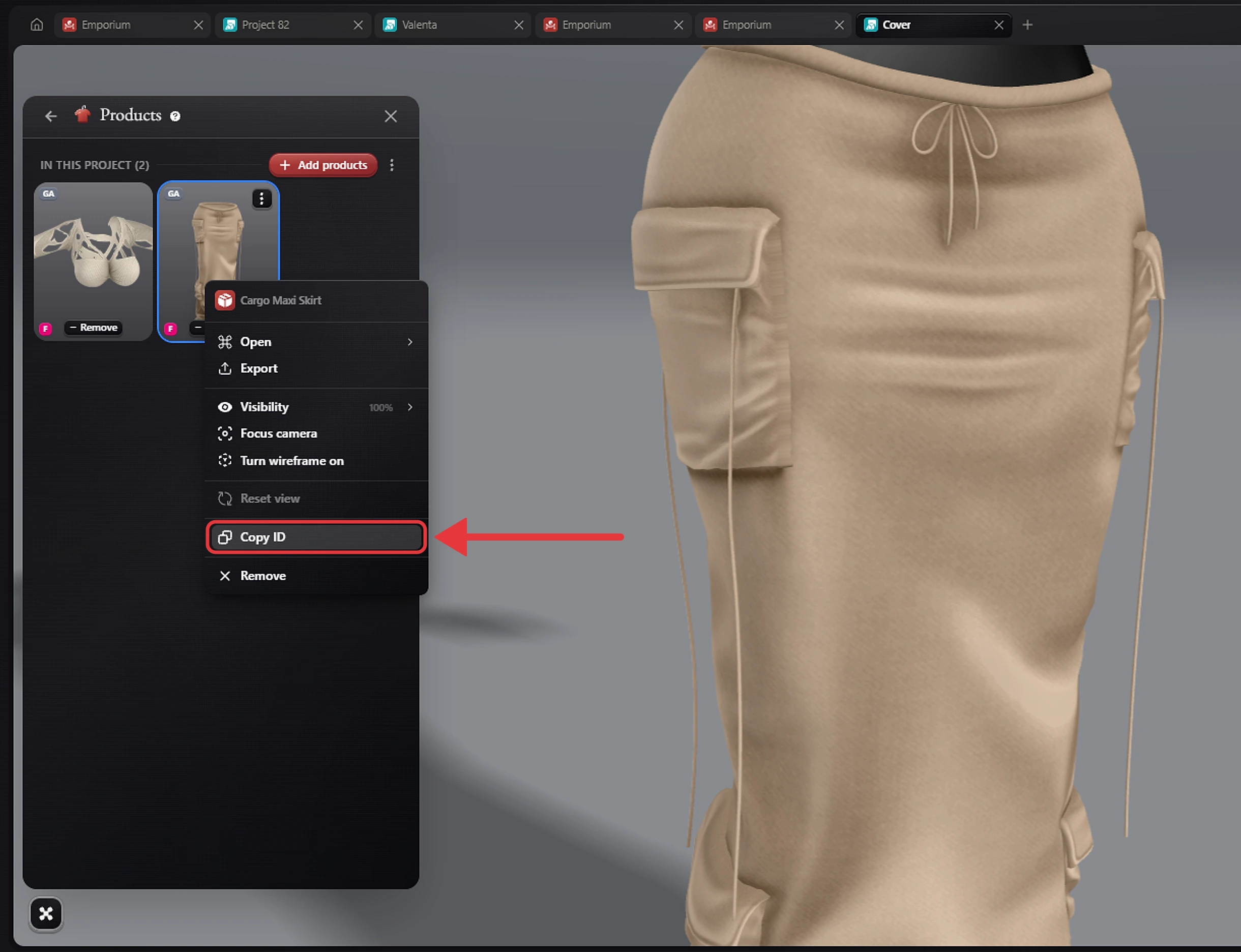 The Products tool in Studio with a product's menu open, Copy ID outlined in red and a red arrow pointing at it.