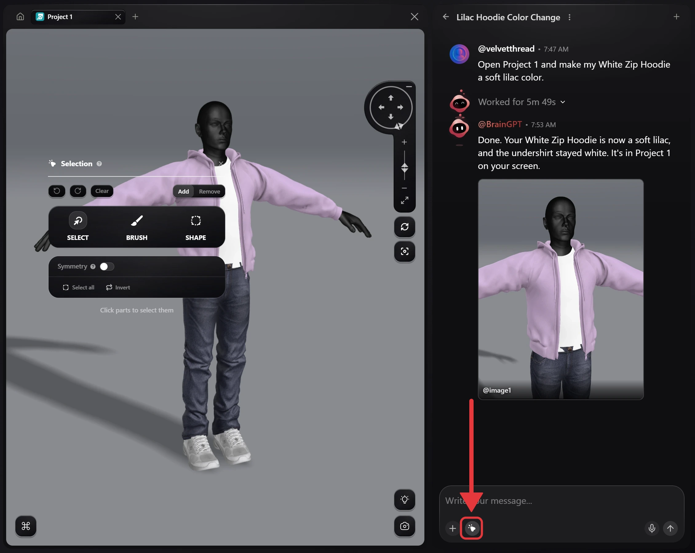 The Selection panel over the 3D scene: Select, Brush and Shape, Add and Remove, a Symmetry switch, and Select all and Invert. The pointer button in the chat composer that opens it is outlined in red with a red arrow pointing at it.