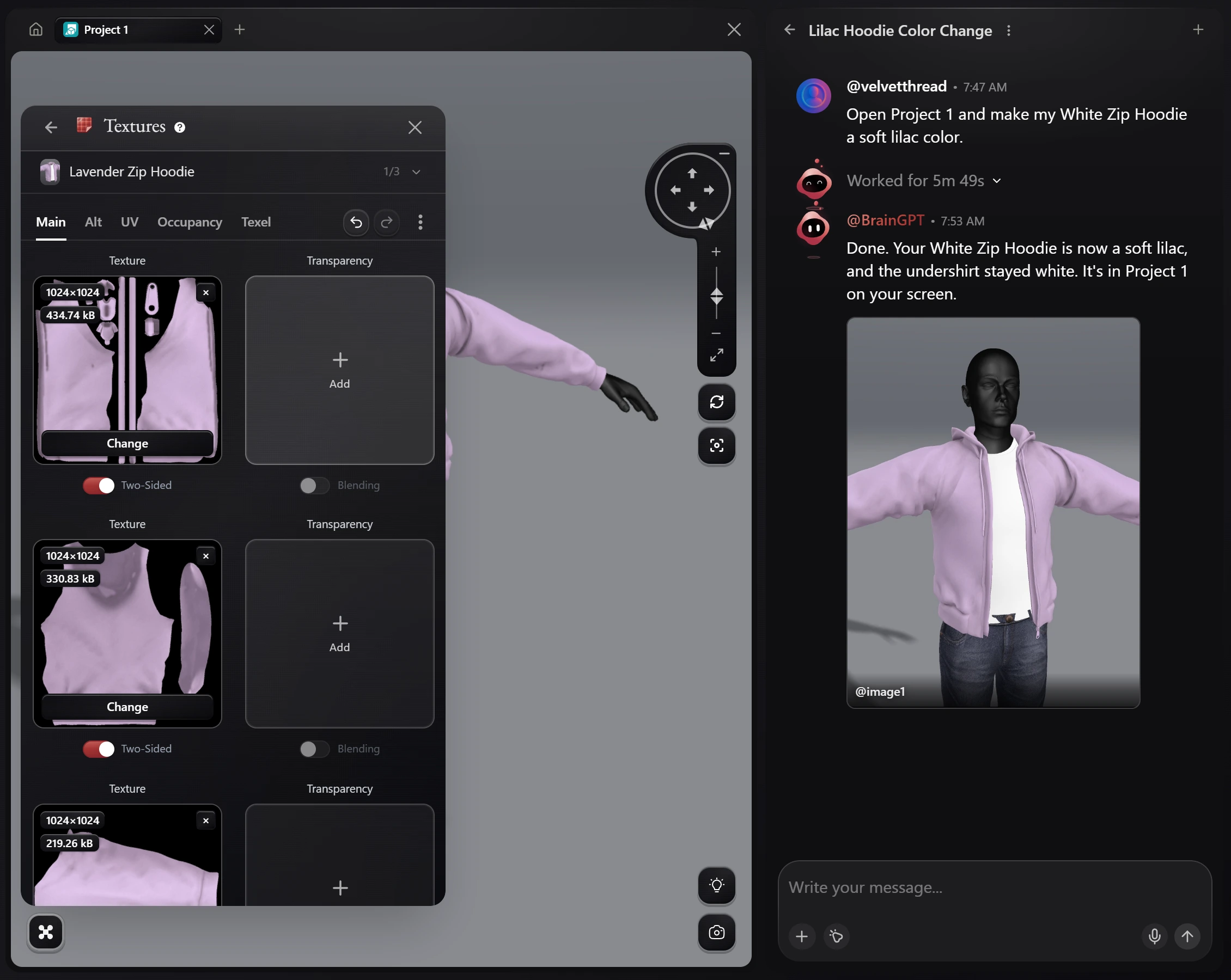 The Textures tool for a hoodie on its Main tab: each tile has a Texture image with a Two-Sided switch and a Transparency slot with an Add button.