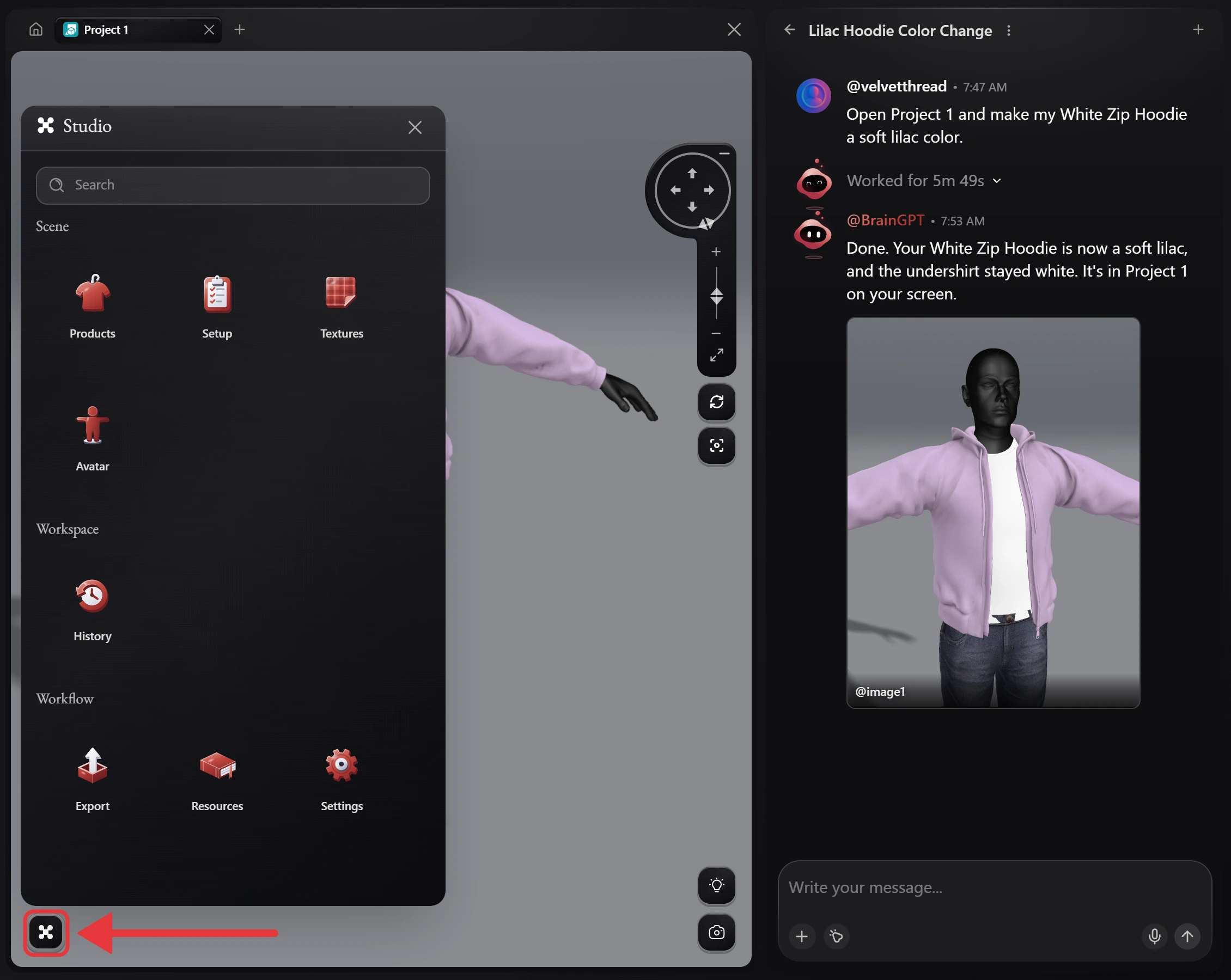 The Studio menu next to the 3D scene, with its tools grouped under Scene (Products, Setup, Textures, Avatar), Workspace (History) and Workflow (Export, Resources, Settings). The Studio button at the bottom left, which opens the menu, is outlined in red with a red arrow pointing at it.