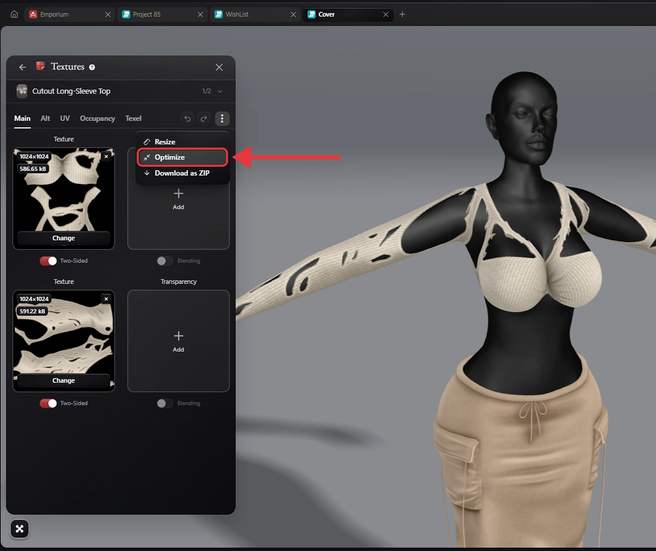 The Textures tool with its menu open: Resize, Optimize and Download as ZIP, with Optimize outlined in red and a red arrow pointing at it.