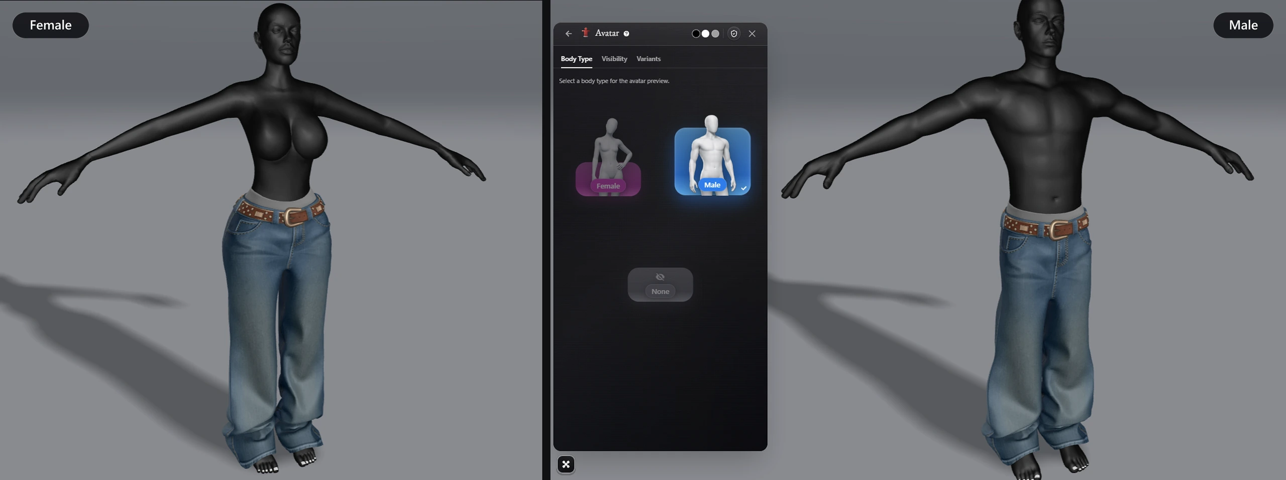 The same unisex jeans worn on the female avatar and on the male avatar, with the Avatar tool's Body Type tab open and Male selected.