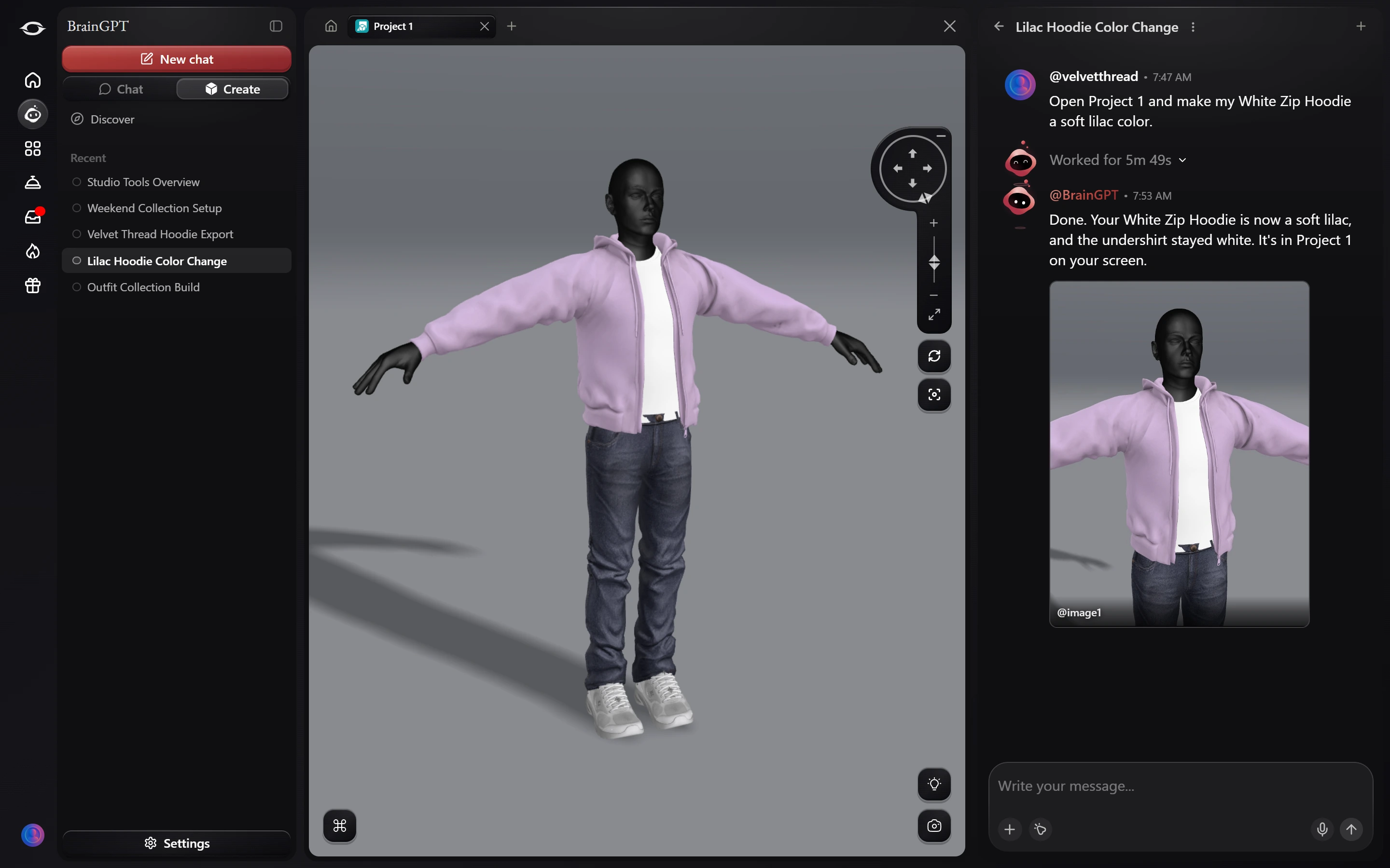 A BrainGPT chat next to a project. Asked to make a zip hoodie soft lilac, BrainGPT says it's done and shows the result, and the avatar beside the chat now wears the lilac hoodie.