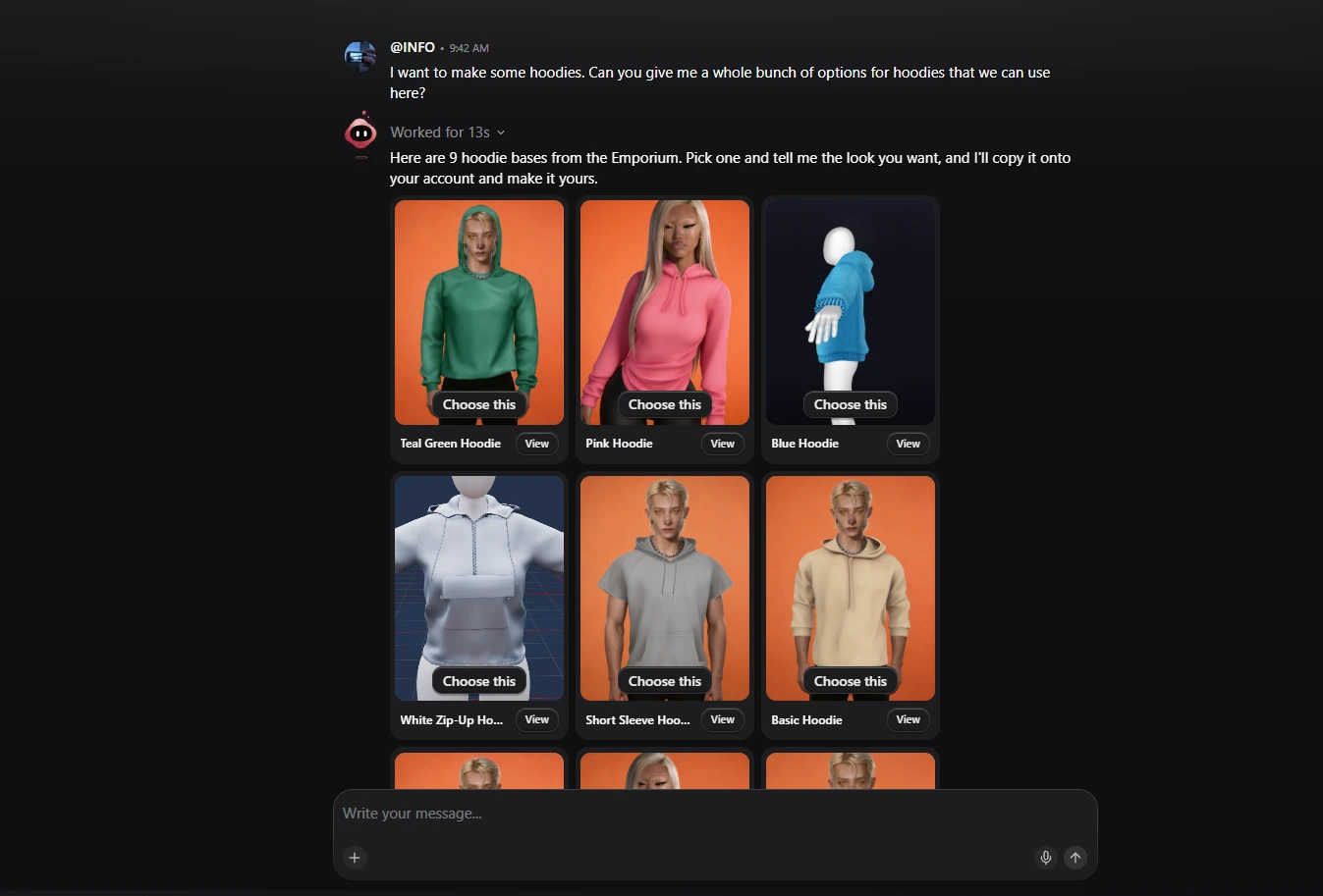 Asked for hoodie options, BrainGPT replies with picture cards of hoodie bases from the Emporium, each with a Choose this button and a View button.