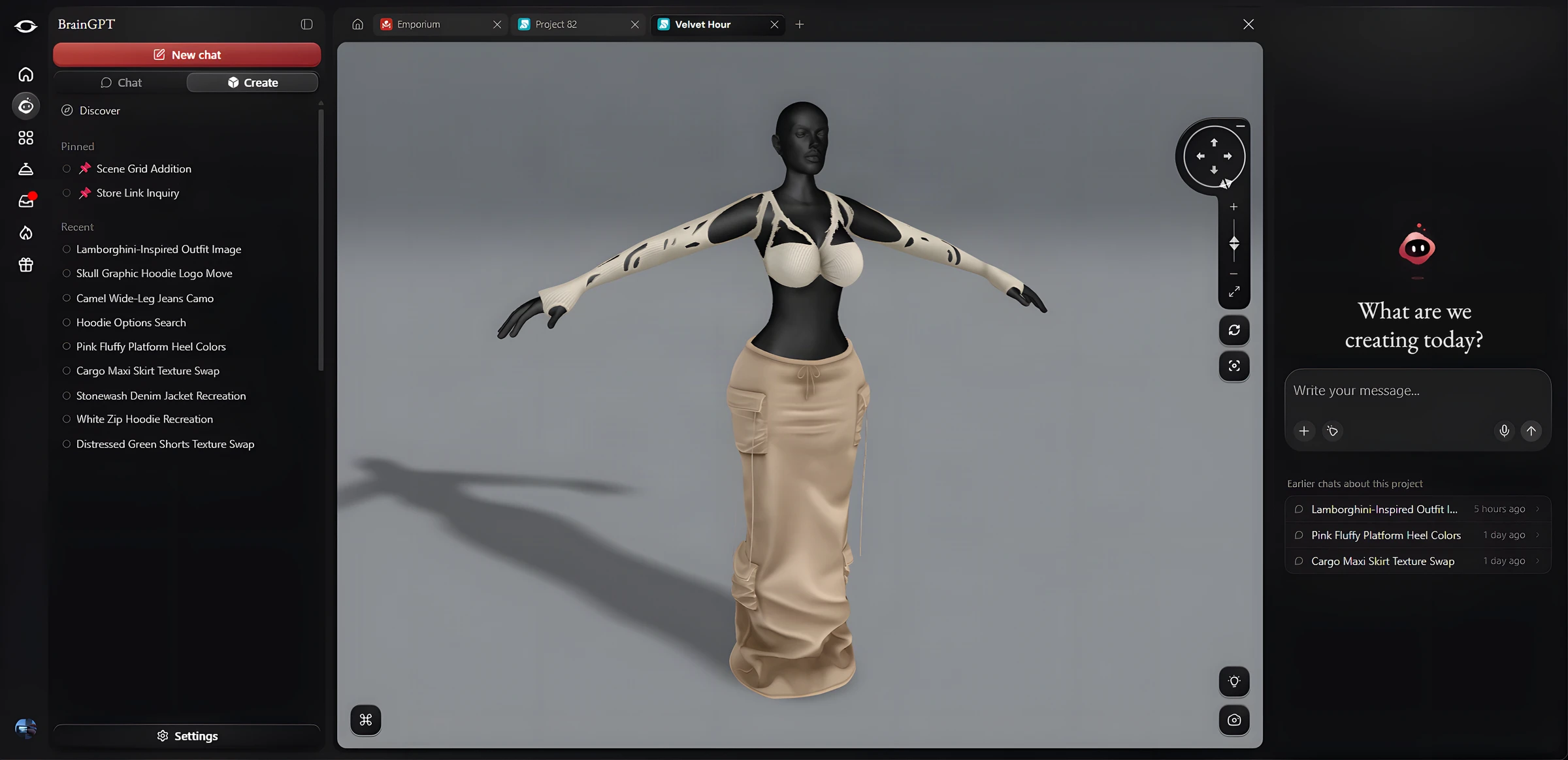 OOR3D™ interface with your chats, a project with a 3D avatar, and BrainGPT