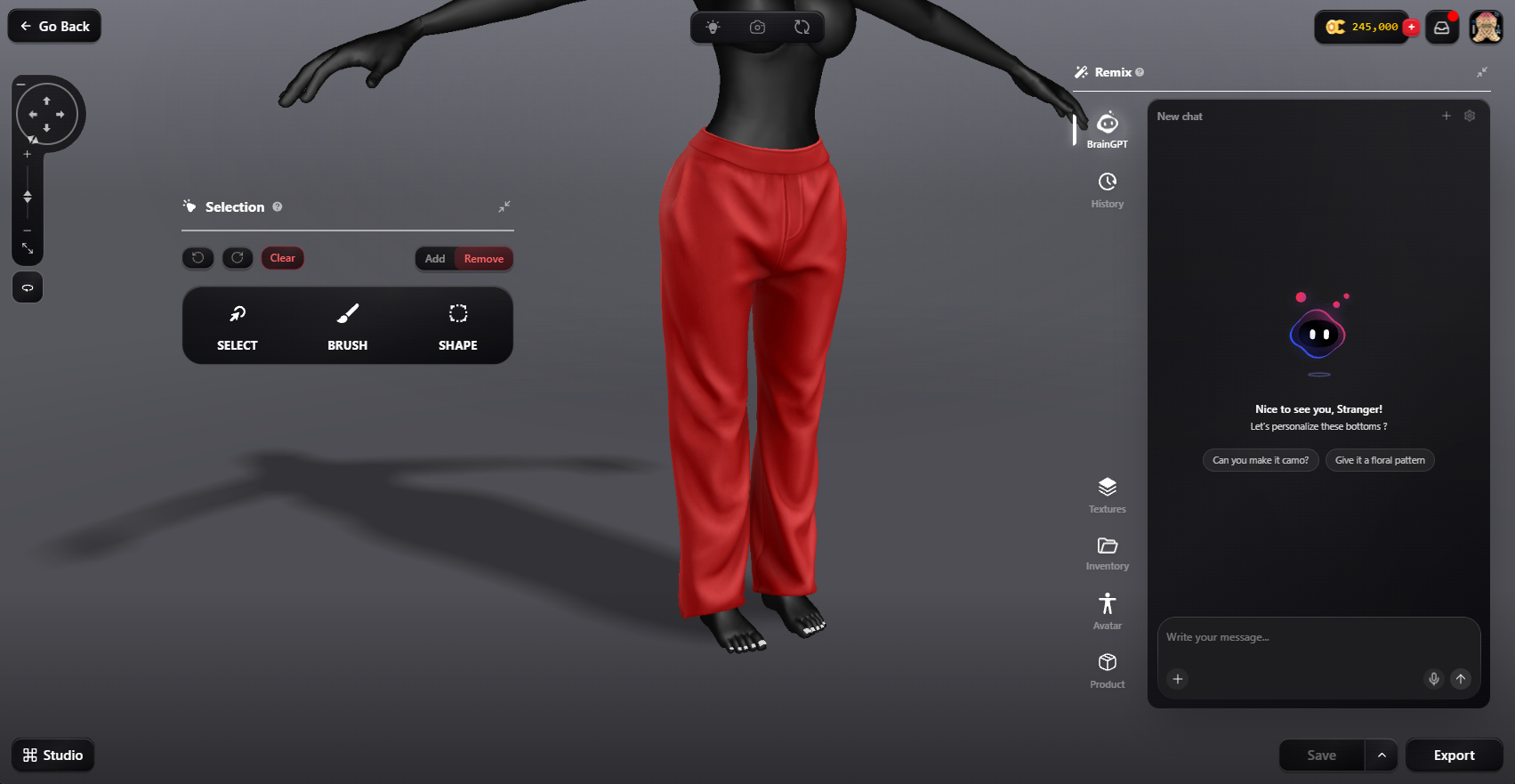 OOR3D™ Studio interface with a 3D avatar, selection tools, and BrainGPT