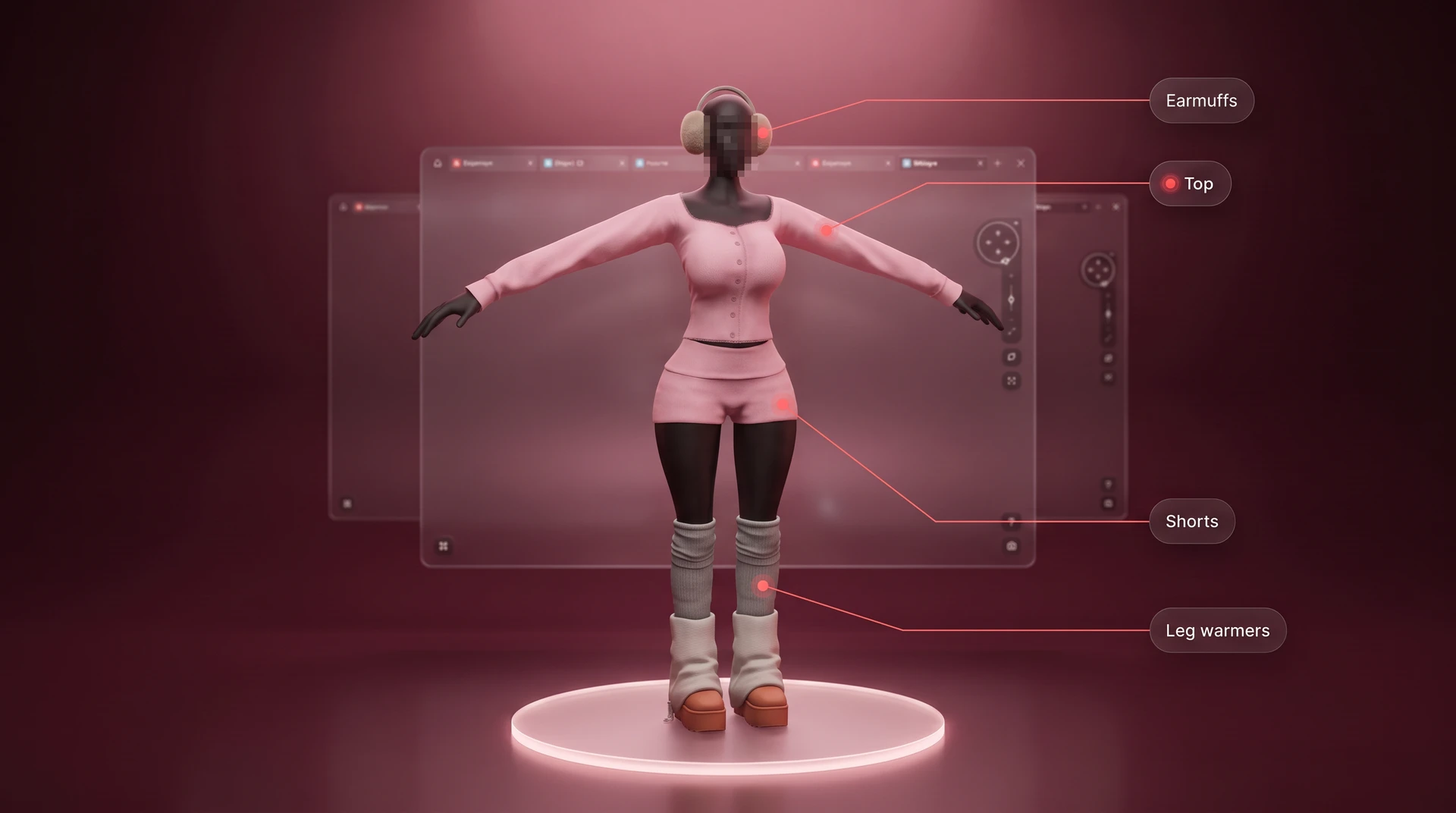 A project's avatar wearing a whole outfit in one scene, each piece labelled: earmuffs, top, shorts and leg warmers.